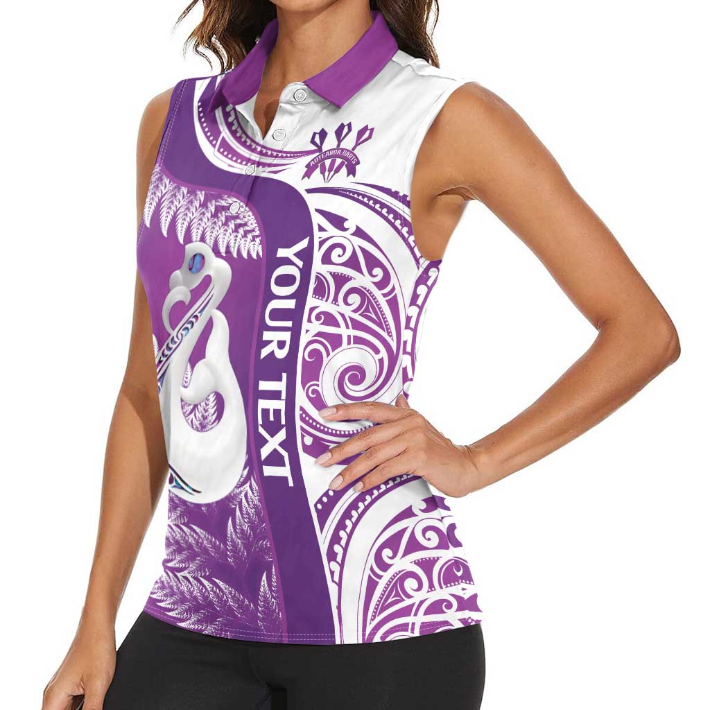 Personalised New Zealand Darts Women Sleeveless Polo Shirt Aotearoa Fern Mix Paua Shell Manaia - Purple