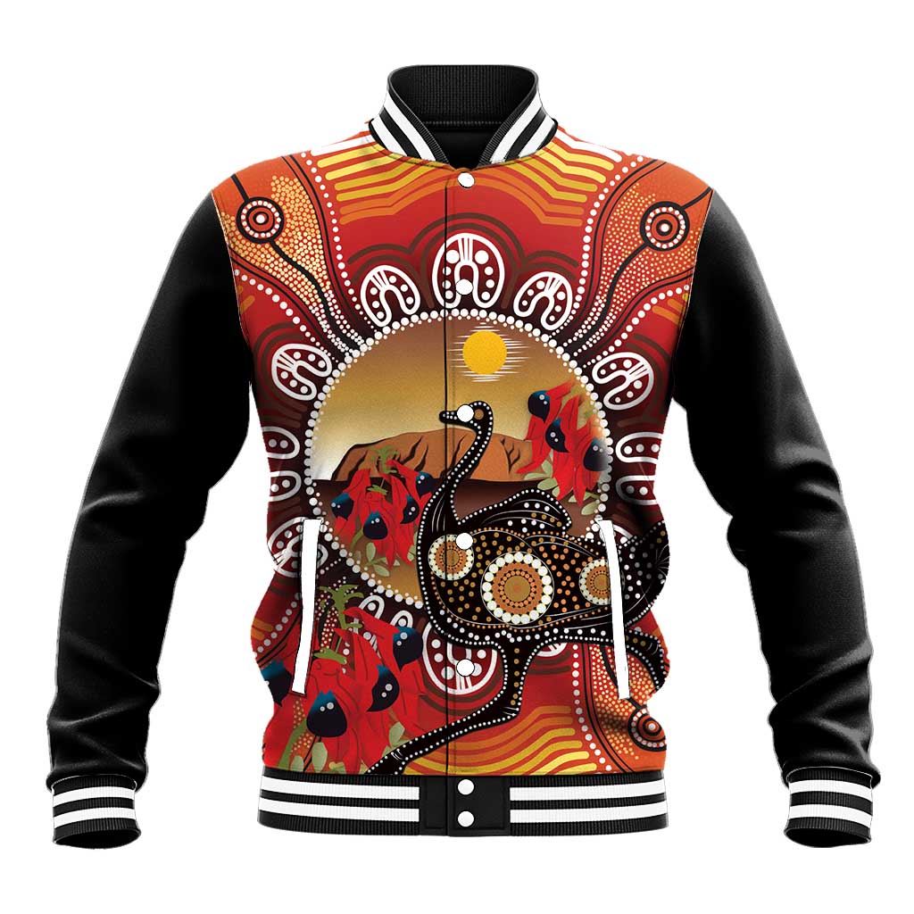 Sturt's Desert Pea And Emu Australia Baseball Jacket Uluru Aboriginal Art