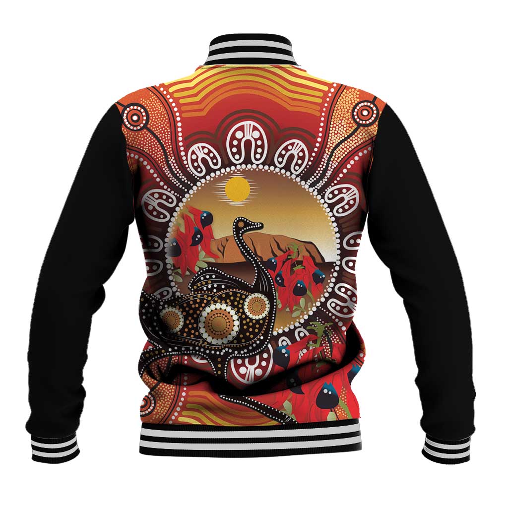 Sturt's Desert Pea And Emu Australia Baseball Jacket Uluru Aboriginal Art