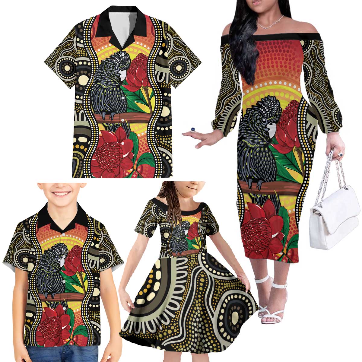 Waratah And Banksian Cockatoo Family Matching Off The Shoulder Long Sleeve Dress and Hawaiian Shirt Aboriginal Art