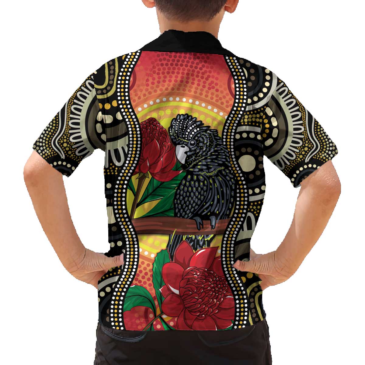 Waratah And Banksian Cockatoo Family Matching Off The Shoulder Long Sleeve Dress and Hawaiian Shirt Aboriginal Art