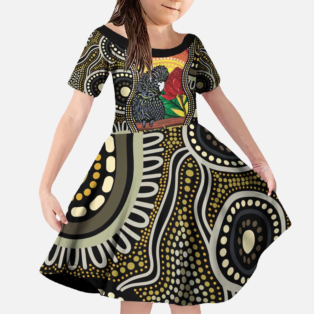 Waratah And Banksian Cockatoo Family Matching Off The Shoulder Long Sleeve Dress and Hawaiian Shirt Aboriginal Art