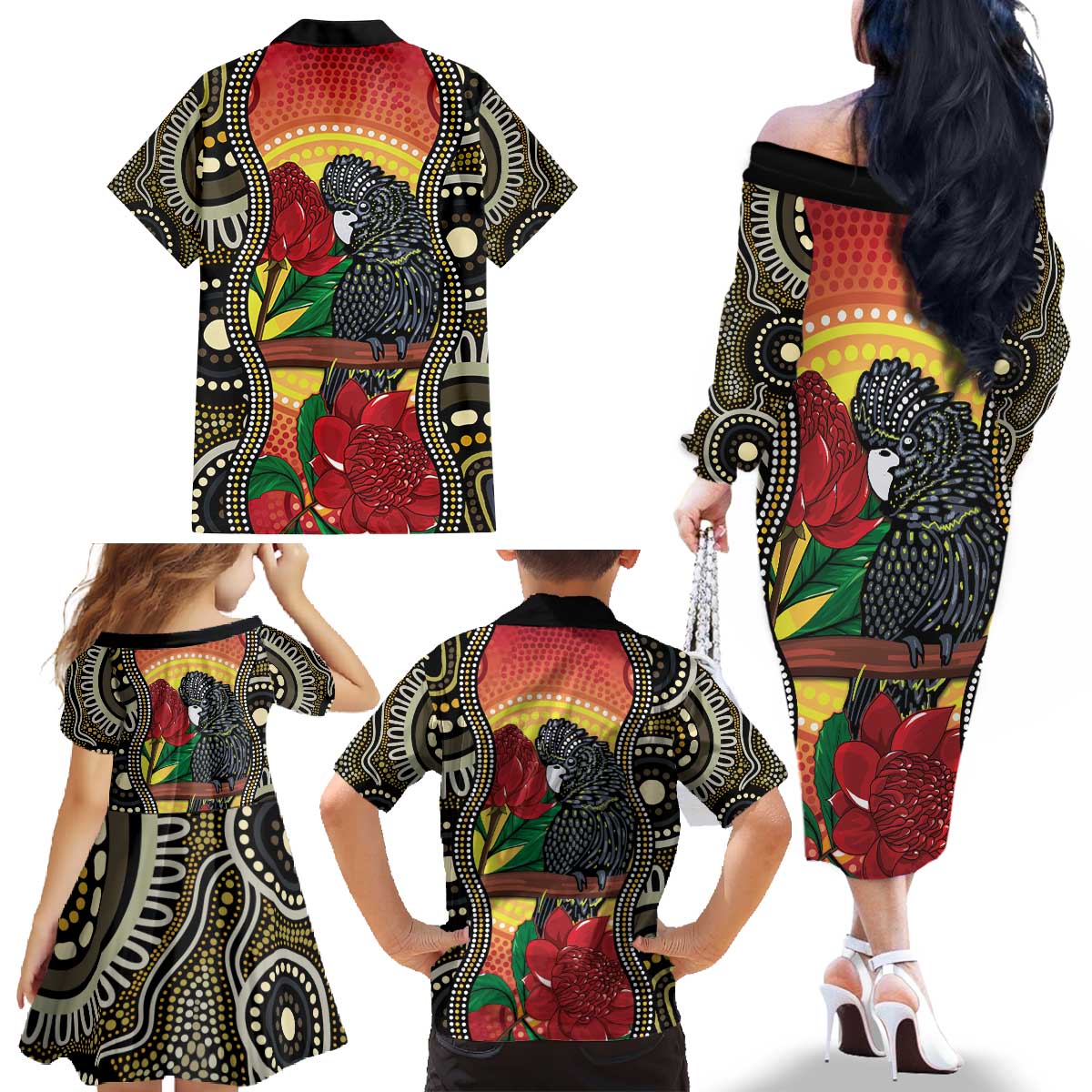 Waratah And Banksian Cockatoo Family Matching Off The Shoulder Long Sleeve Dress and Hawaiian Shirt Aboriginal Art