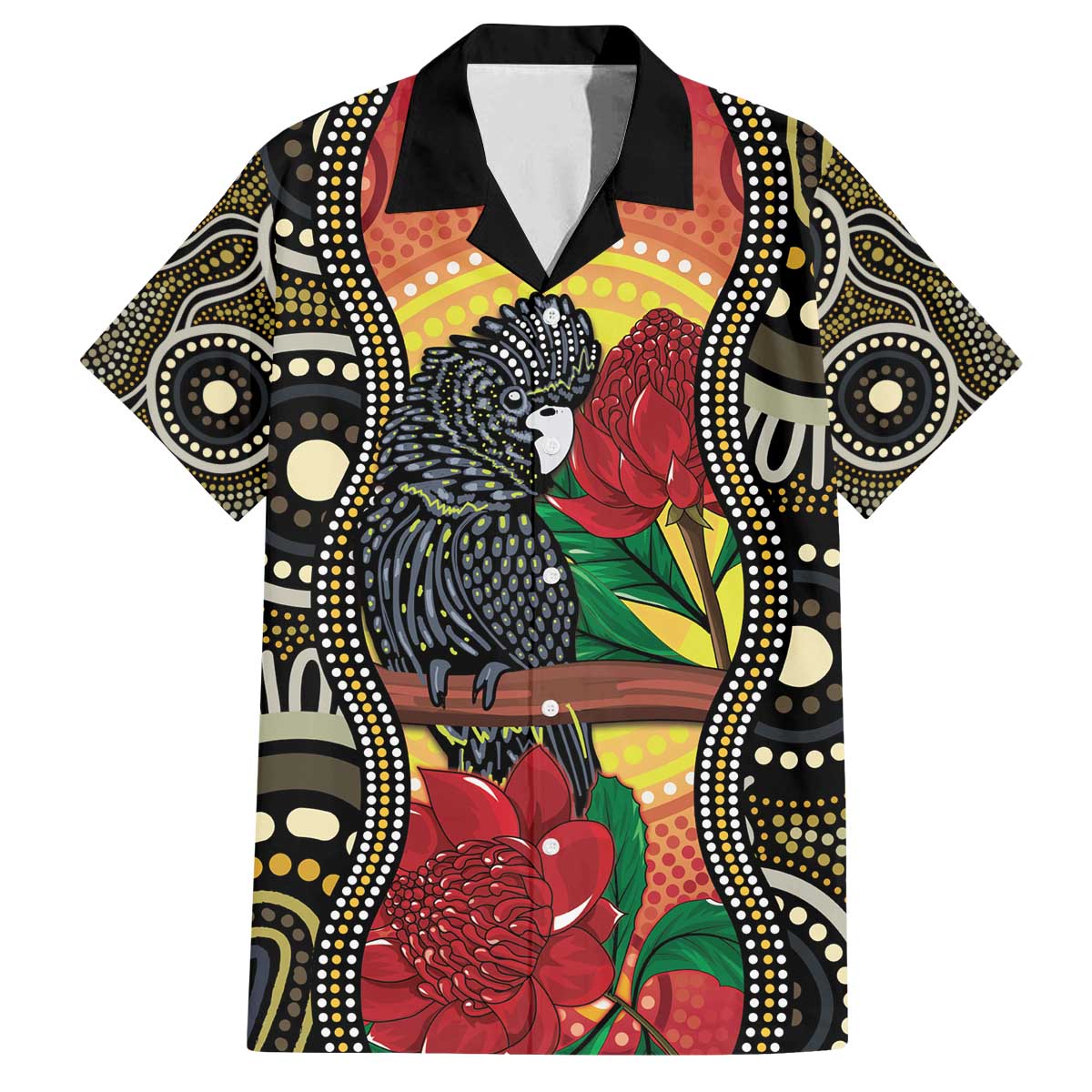 Waratah And Banksian Cockatoo Family Matching Off The Shoulder Long Sleeve Dress and Hawaiian Shirt Aboriginal Art