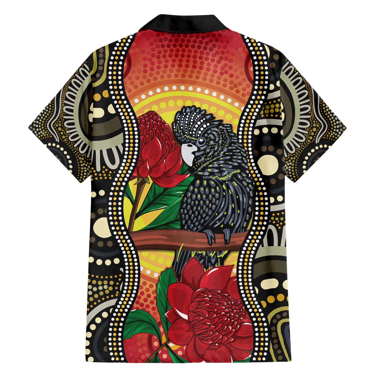 Waratah And Banksian Cockatoo Family Matching Off The Shoulder Long Sleeve Dress and Hawaiian Shirt Aboriginal Art