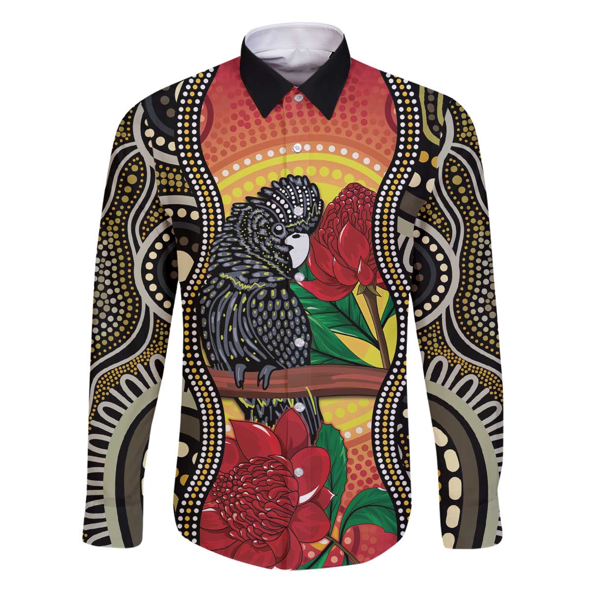 Waratah And Banksian Cockatoo Family Matching Off The Shoulder Long Sleeve Dress and Hawaiian Shirt Aboriginal Art