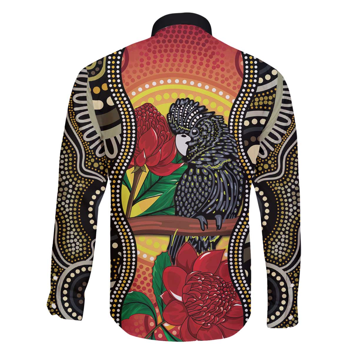 Waratah And Banksian Cockatoo Family Matching Off The Shoulder Long Sleeve Dress and Hawaiian Shirt Aboriginal Art