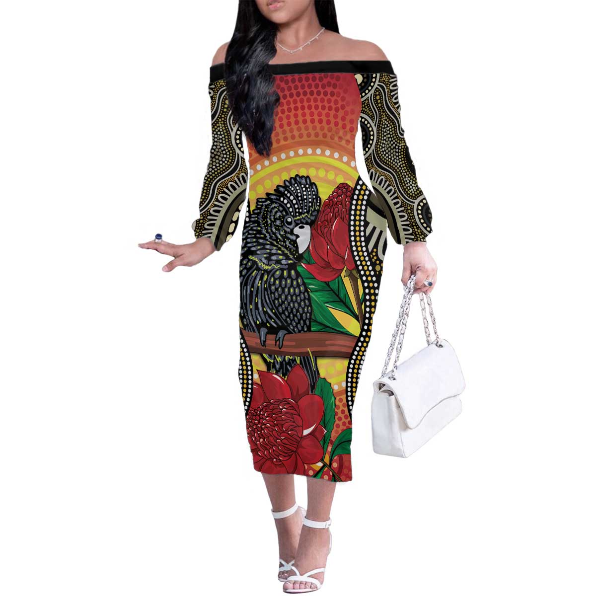 Waratah And Banksian Cockatoo Family Matching Off The Shoulder Long Sleeve Dress and Hawaiian Shirt Aboriginal Art