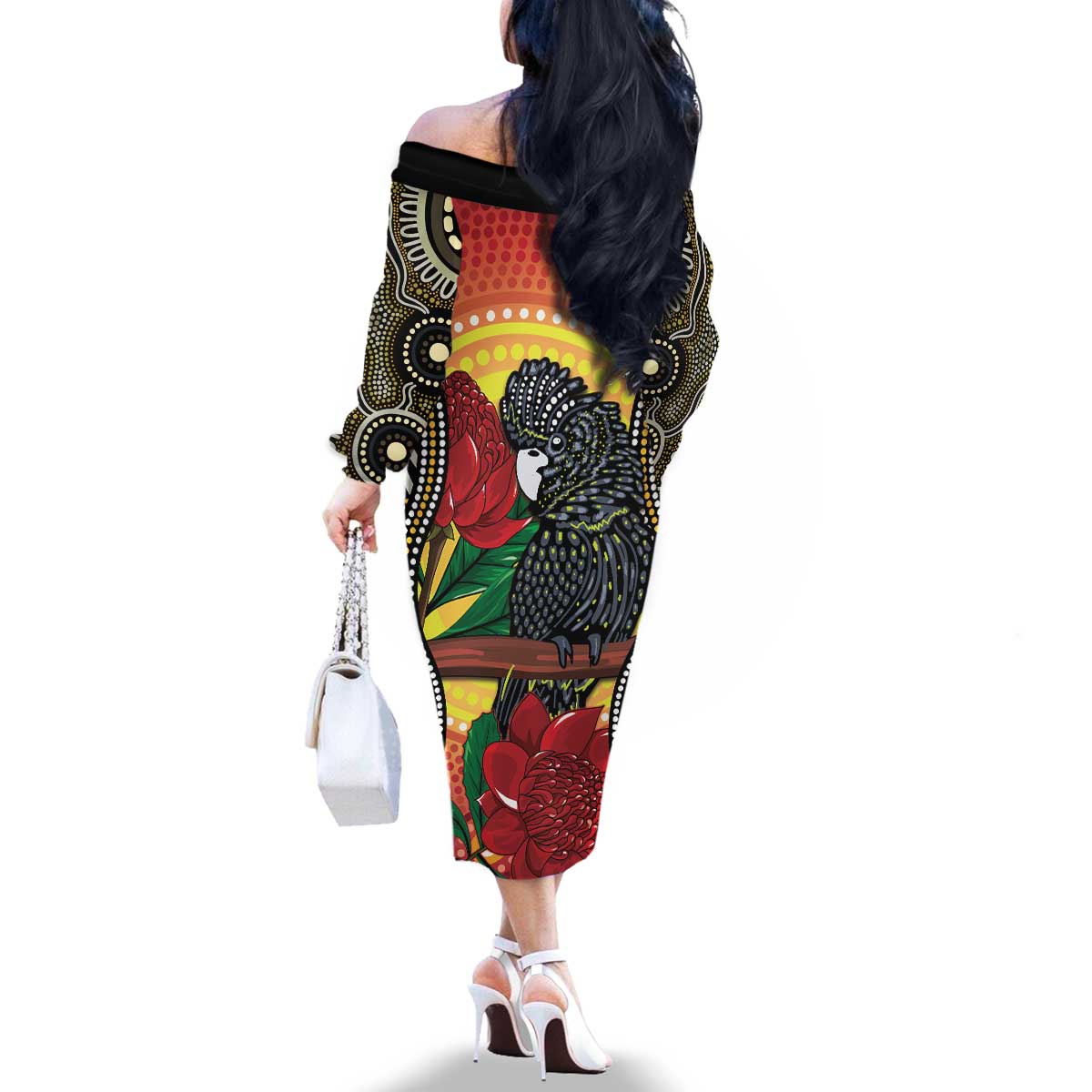 Waratah And Banksian Cockatoo Family Matching Off The Shoulder Long Sleeve Dress and Hawaiian Shirt Aboriginal Art