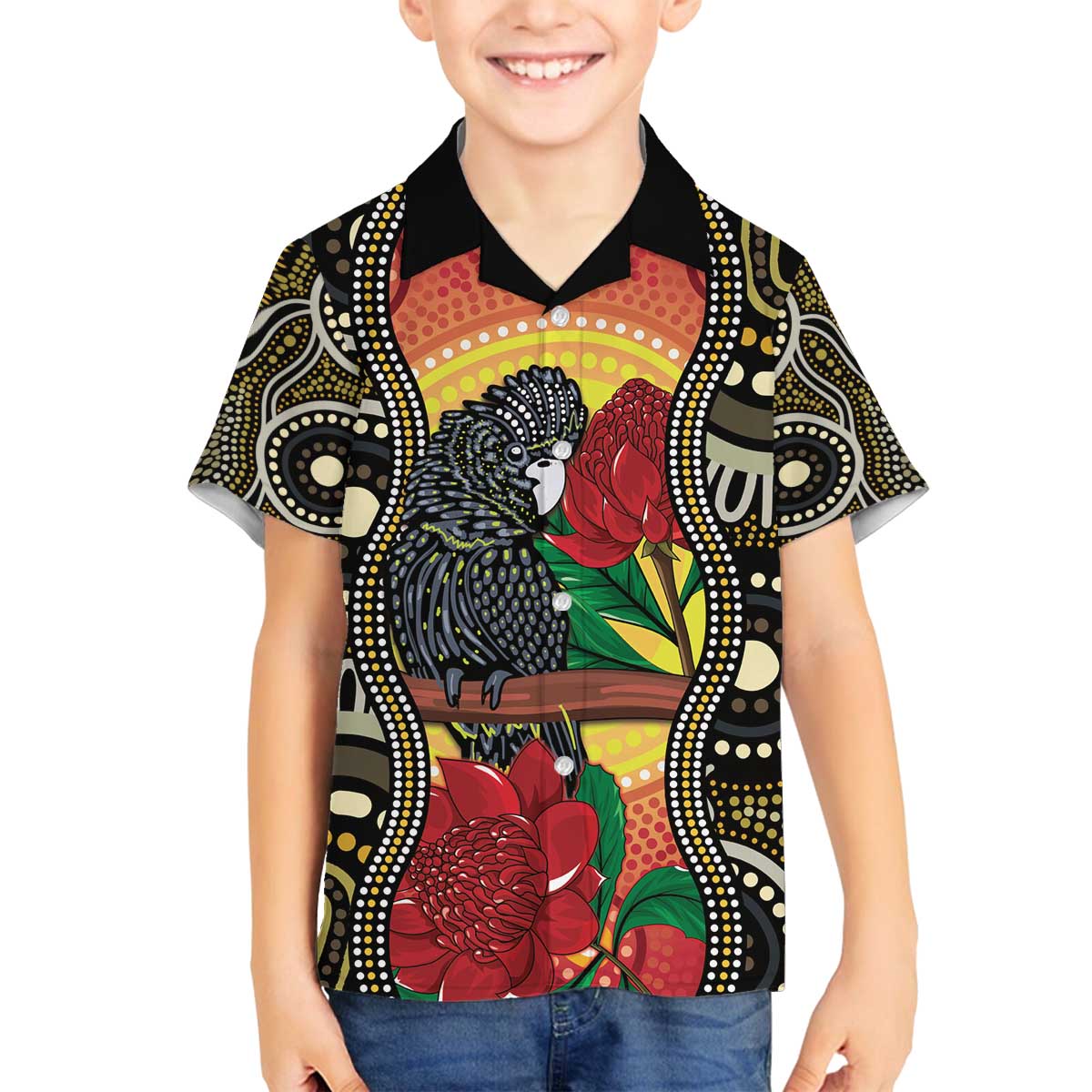 Waratah And Banksian Cockatoo Family Matching Off The Shoulder Long Sleeve Dress and Hawaiian Shirt Aboriginal Art