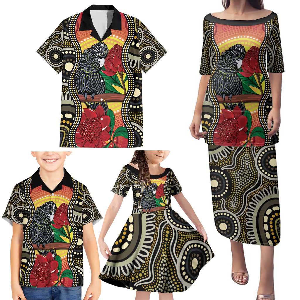 Waratah And Banksian Cockatoo Family Matching Puletasi and Hawaiian Shirt Aboriginal Art