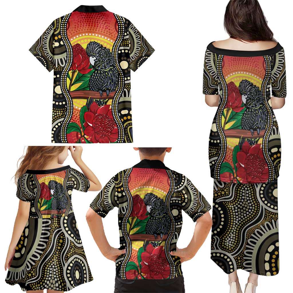 Waratah And Banksian Cockatoo Family Matching Puletasi and Hawaiian Shirt Aboriginal Art