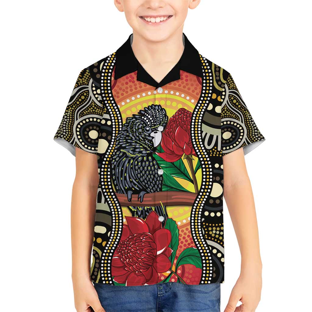 Waratah And Banksian Cockatoo Family Matching Puletasi and Hawaiian Shirt Aboriginal Art