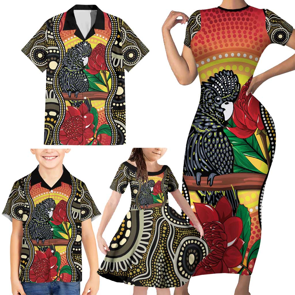 Waratah And Banksian Cockatoo Family Matching Short Sleeve Bodycon Dress and Hawaiian Shirt Aboriginal Art