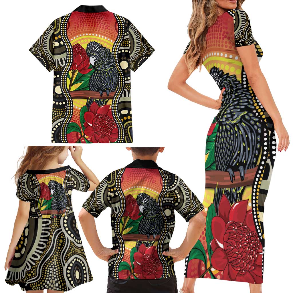 Waratah And Banksian Cockatoo Family Matching Short Sleeve Bodycon Dress and Hawaiian Shirt Aboriginal Art