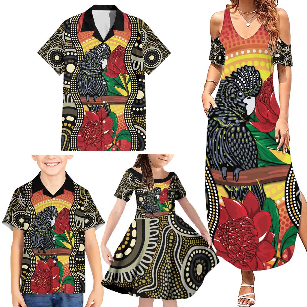 Waratah And Banksian Cockatoo Family Matching Summer Maxi Dress and Hawaiian Shirt Aboriginal Art