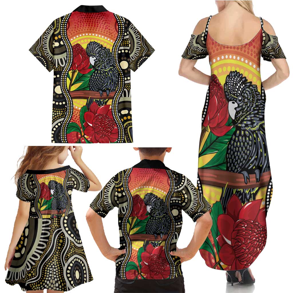 Waratah And Banksian Cockatoo Family Matching Summer Maxi Dress and Hawaiian Shirt Aboriginal Art