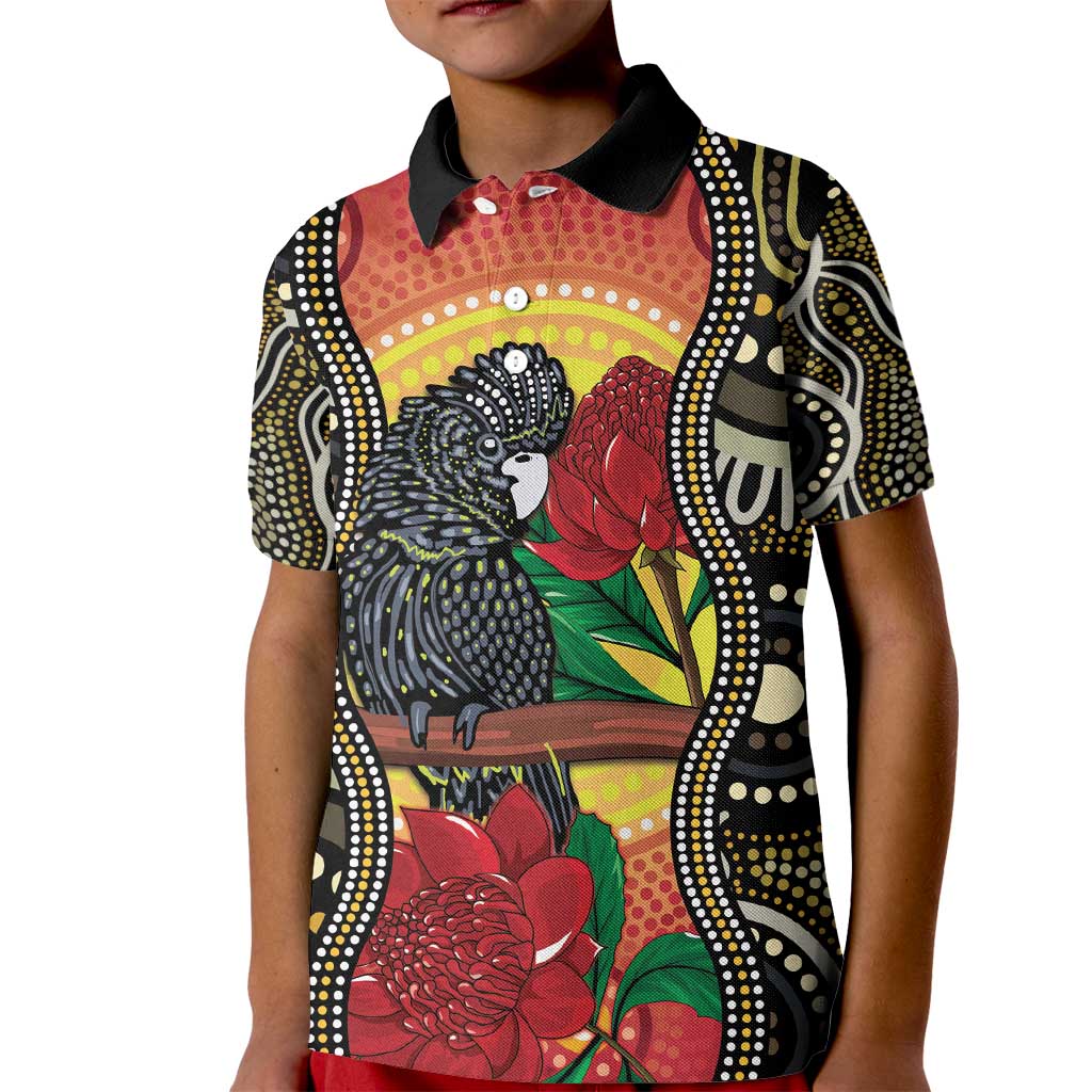 Waratah And Banksian Cockatoo Kid Polo Shirt Aboriginal Art