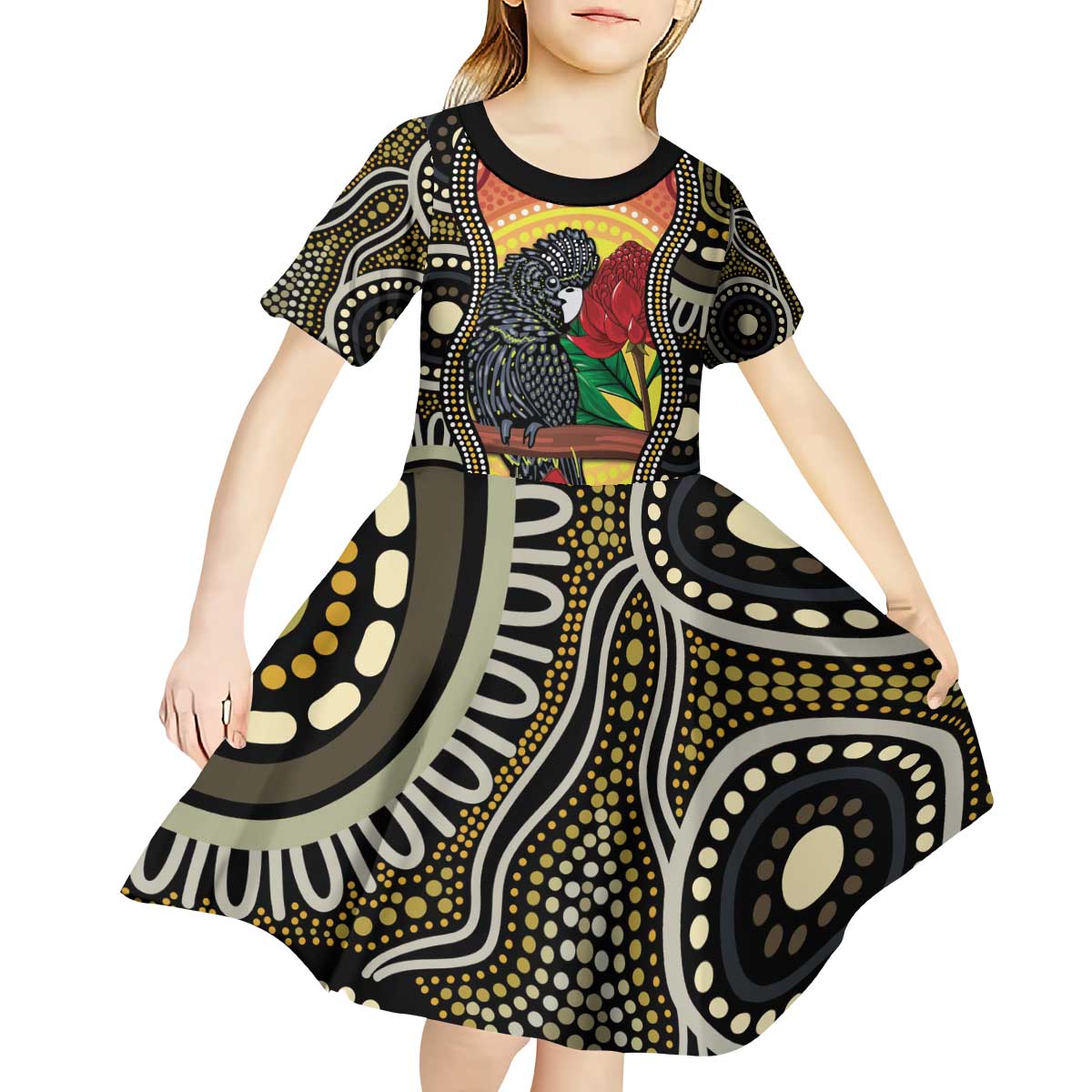 Waratah And Banksian Cockatoo Kid Short Sleeve Dress Aboriginal Art