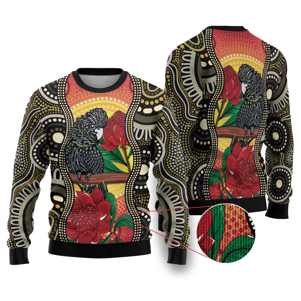 Waratah And Banksian Cockatoo Ugly Christmas Sweater Aboriginal Art