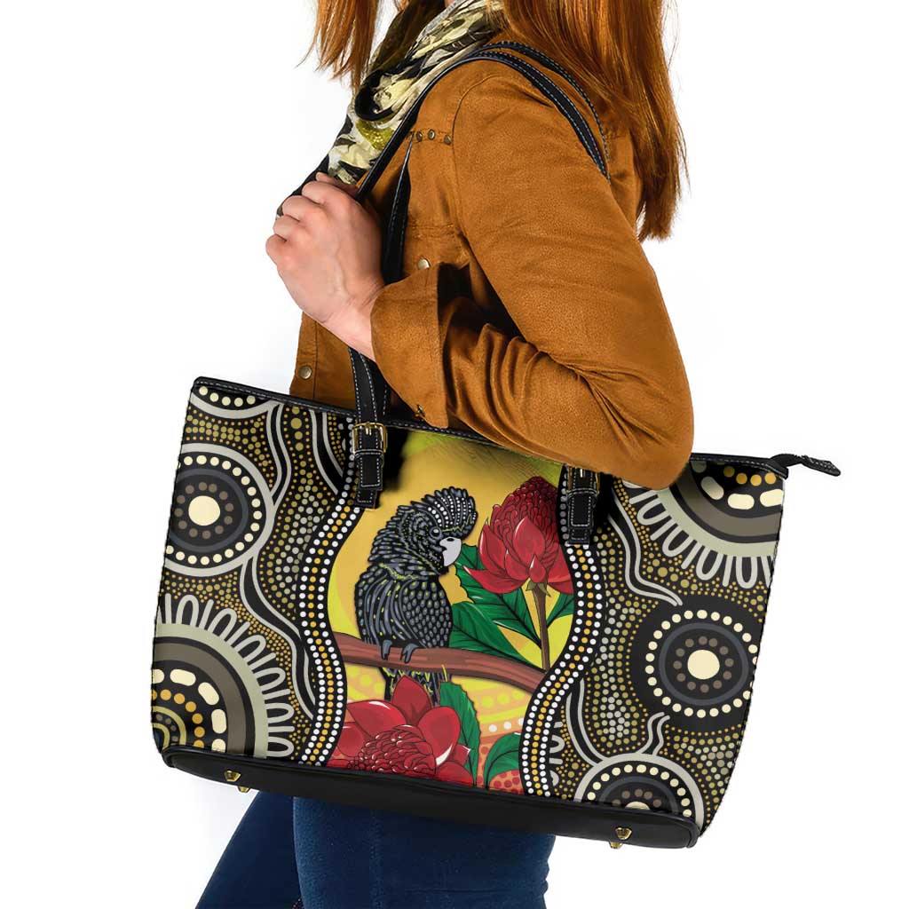 Waratah And Banksian Cockatoo Leather Tote Bag Aboriginal Art