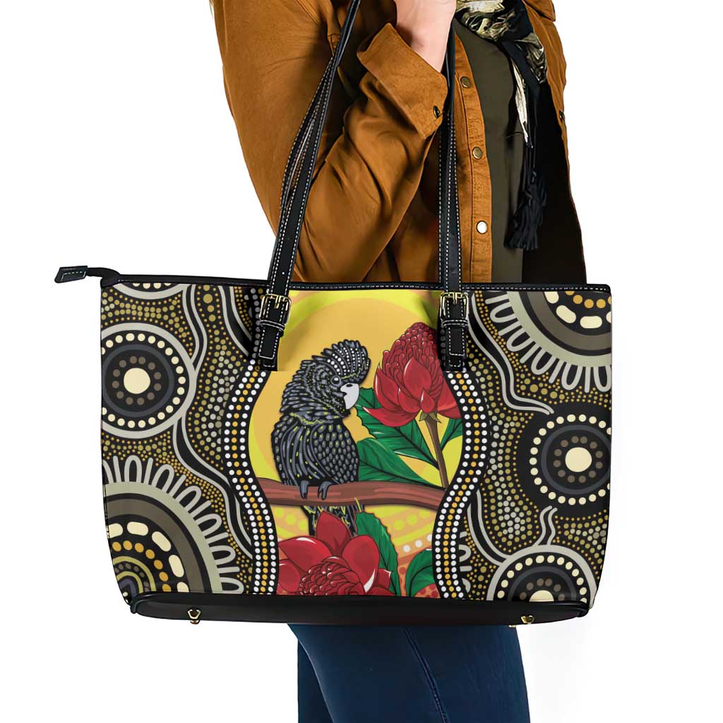 Waratah And Banksian Cockatoo Leather Tote Bag Aboriginal Art