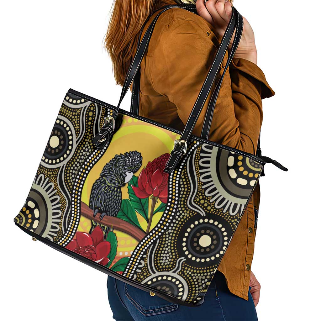 Waratah And Banksian Cockatoo Leather Tote Bag Aboriginal Art