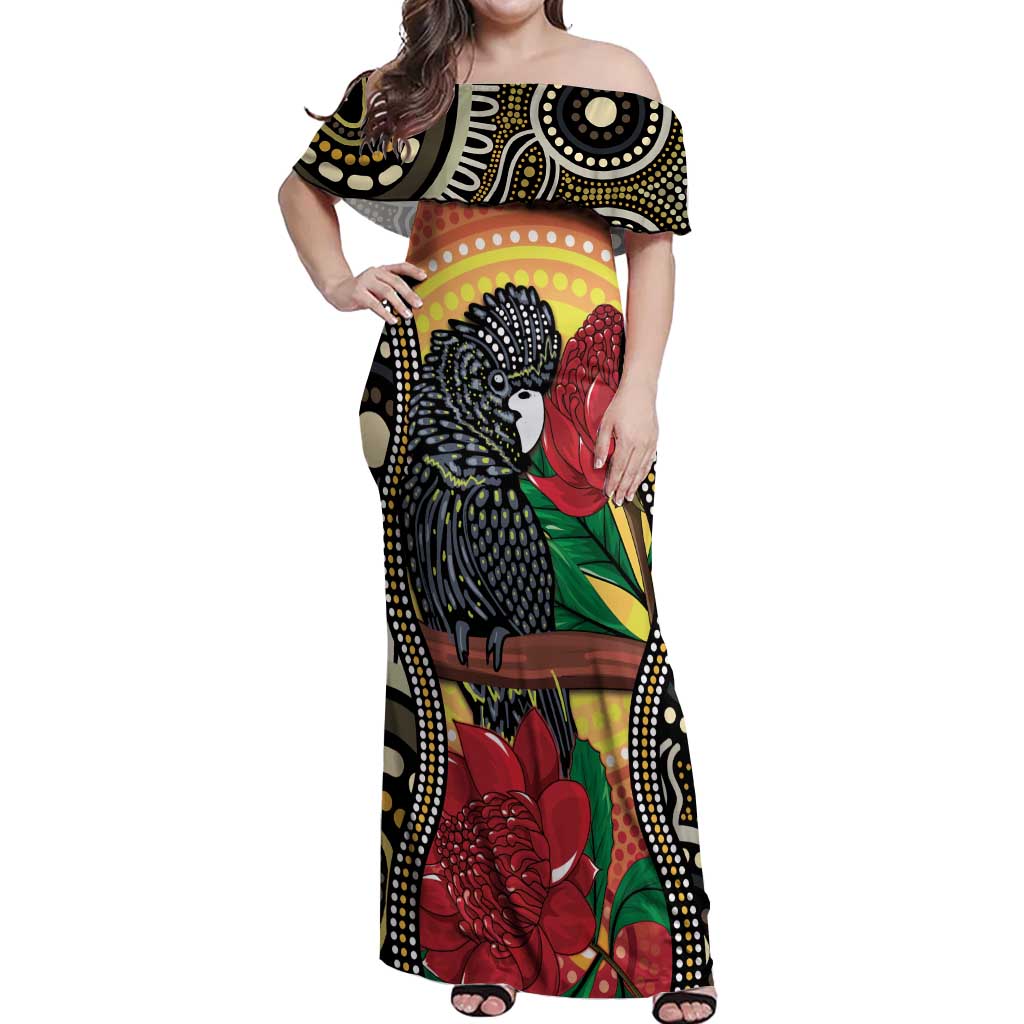 Waratah And Banksian Cockatoo Off Shoulder Maxi Dress Aboriginal Art