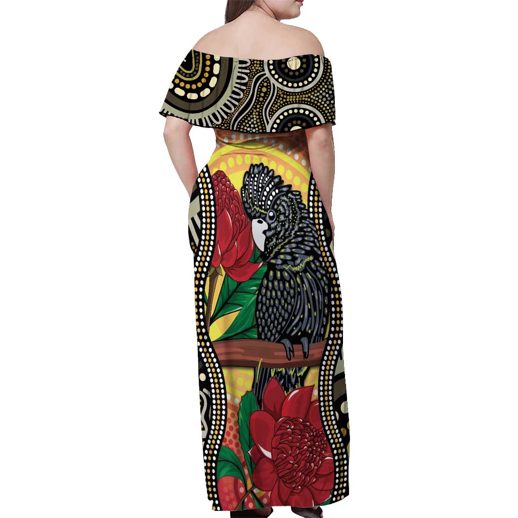 Waratah And Banksian Cockatoo Off Shoulder Maxi Dress Aboriginal Art