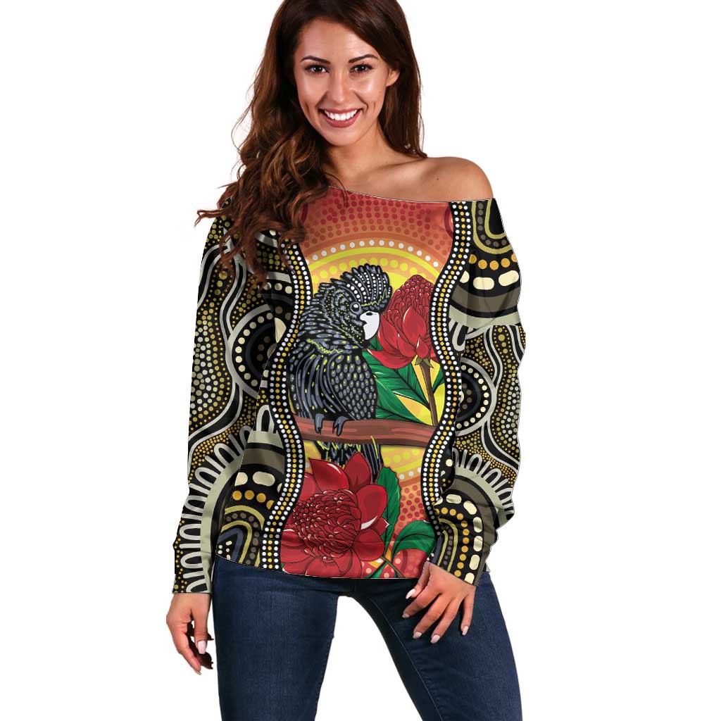 Waratah And Banksian Cockatoo Off Shoulder Sweater Aboriginal Art