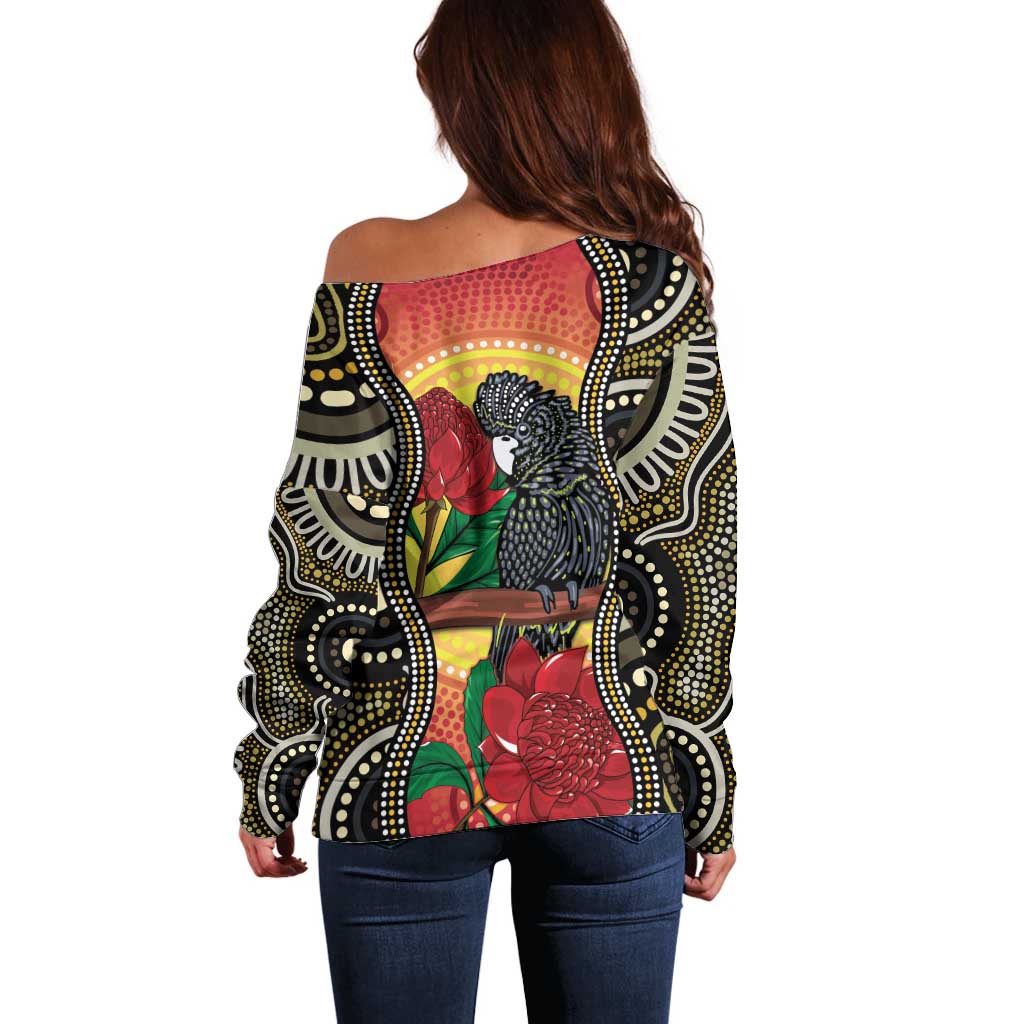 Waratah And Banksian Cockatoo Off Shoulder Sweater Aboriginal Art