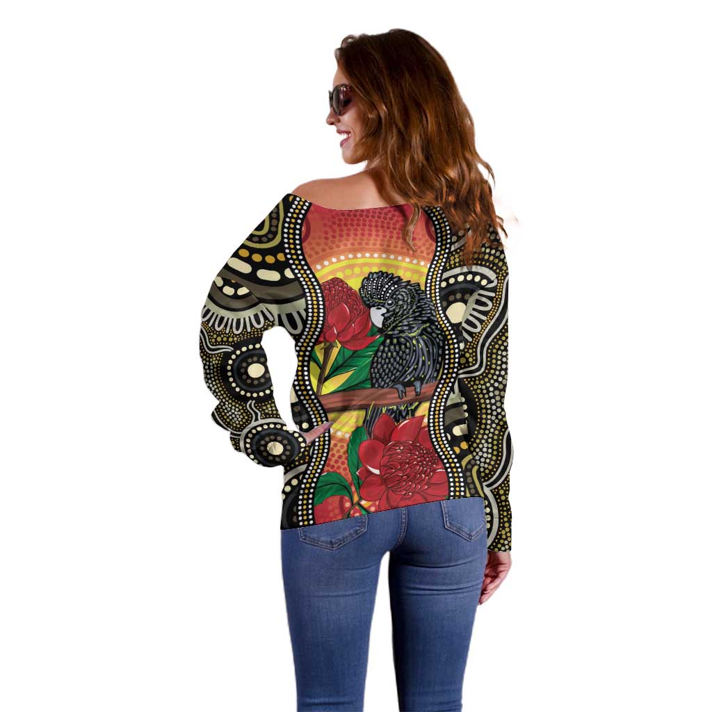 Waratah And Banksian Cockatoo Off Shoulder Sweater Aboriginal Art