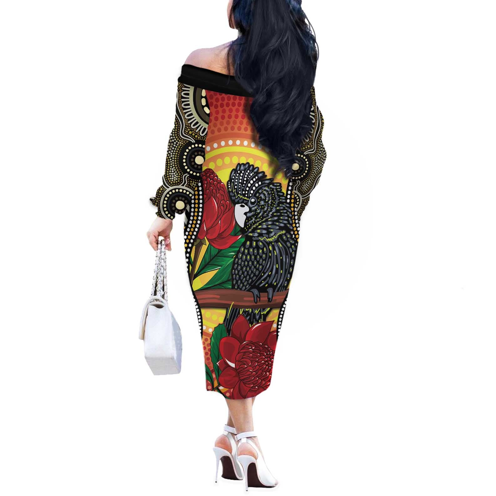 Waratah And Banksian Cockatoo Off The Shoulder Long Sleeve Dress Aboriginal Art