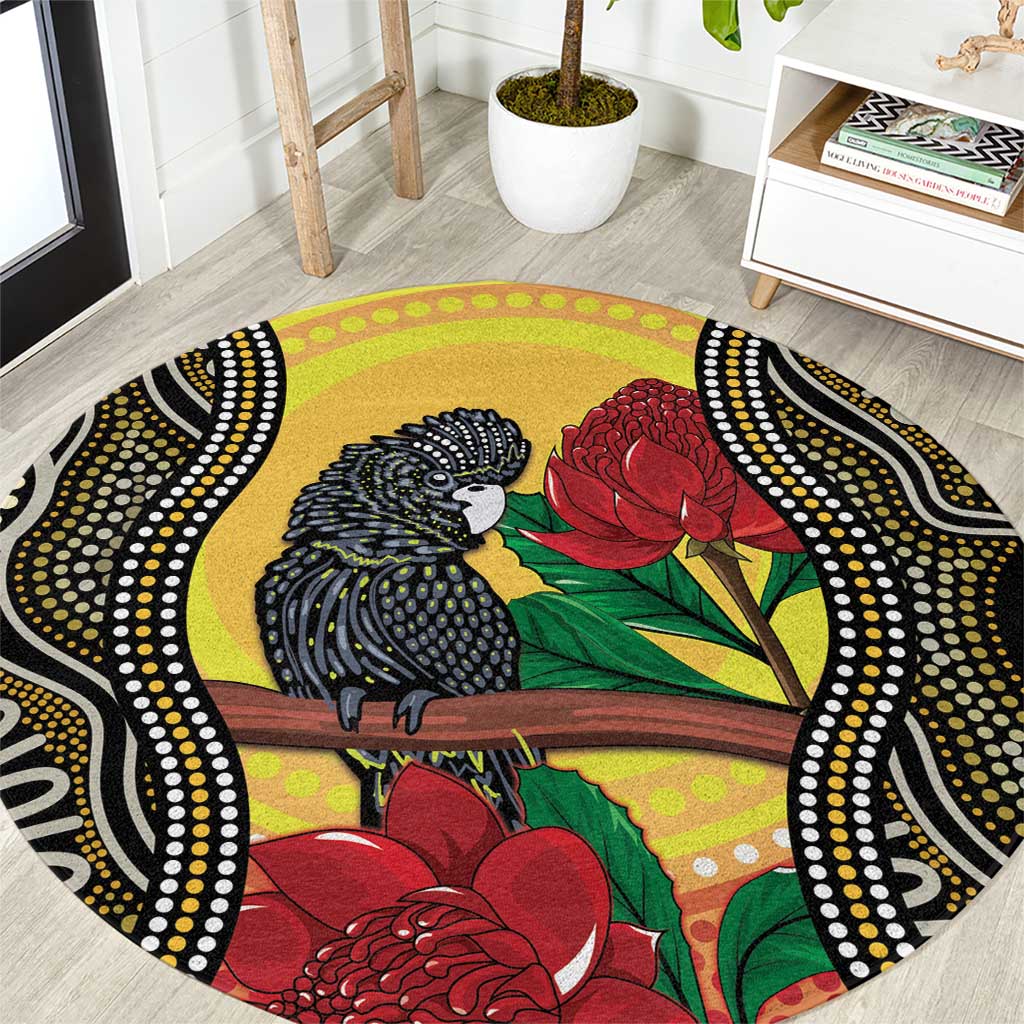 Waratah And Banksian Cockatoo Round Carpet Aboriginal Art