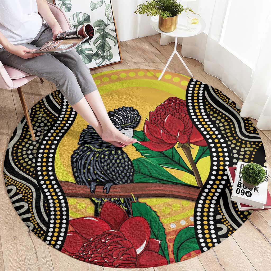 Waratah And Banksian Cockatoo Round Carpet Aboriginal Art