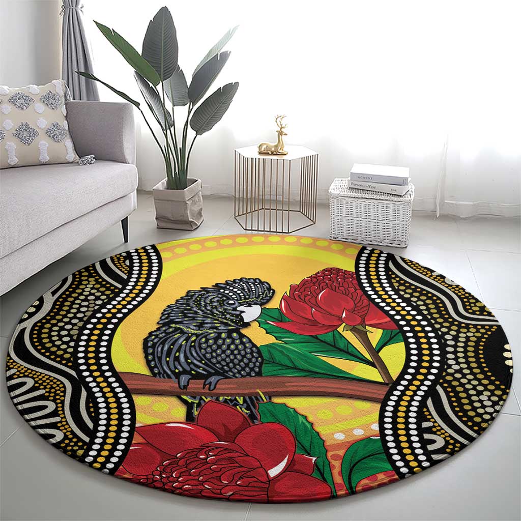 Waratah And Banksian Cockatoo Round Carpet Aboriginal Art