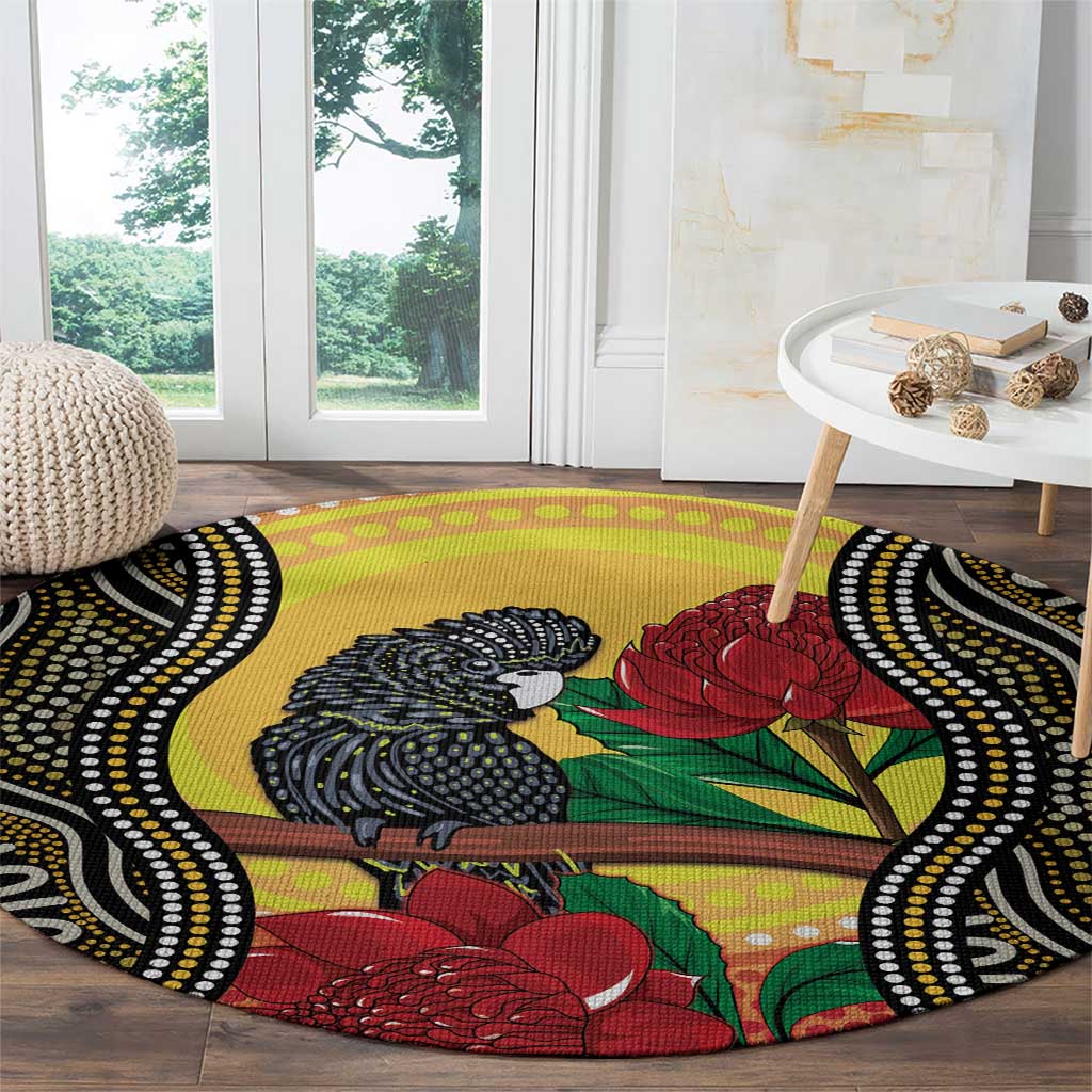 Waratah And Banksian Cockatoo Round Carpet Aboriginal Art