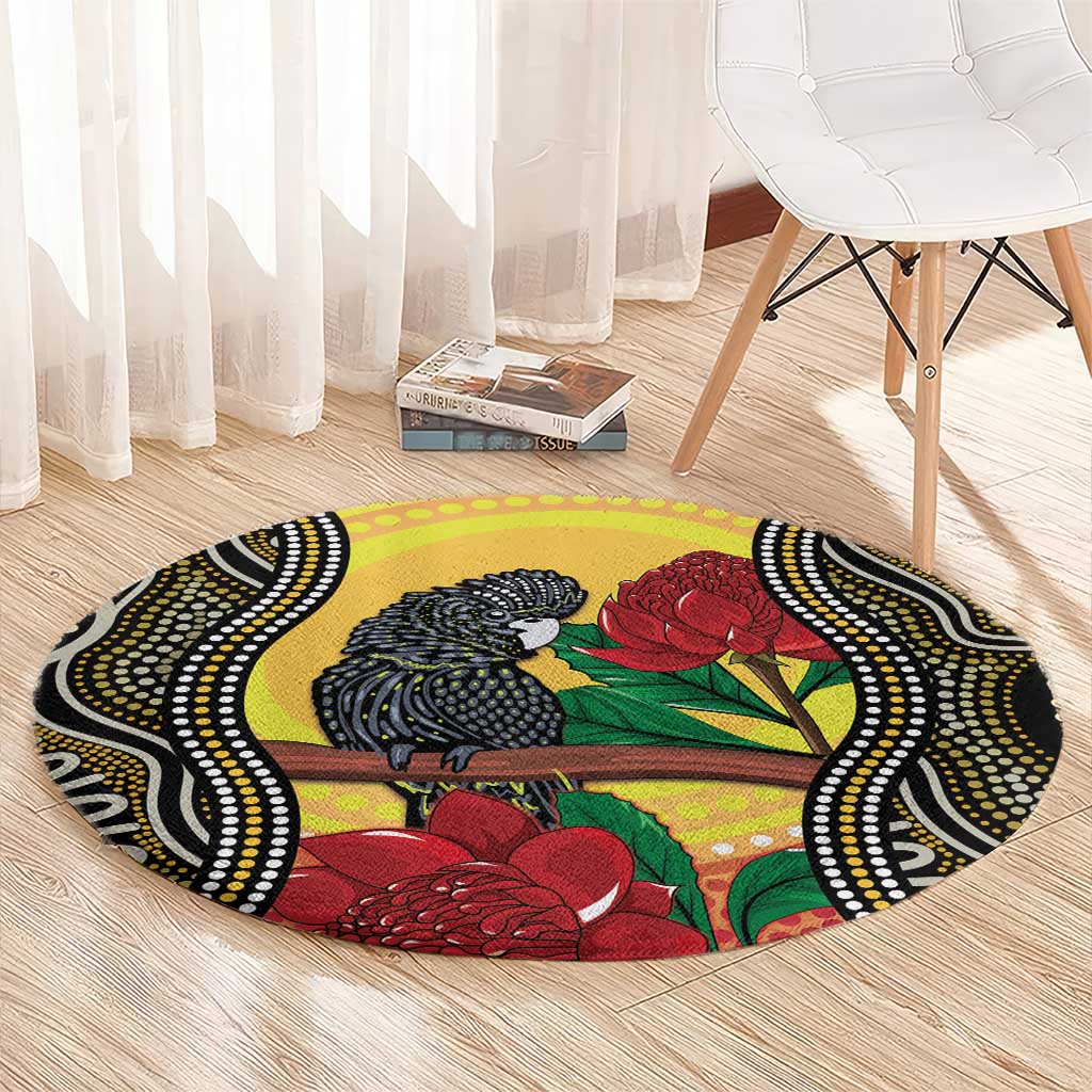 Waratah And Banksian Cockatoo Round Carpet Aboriginal Art