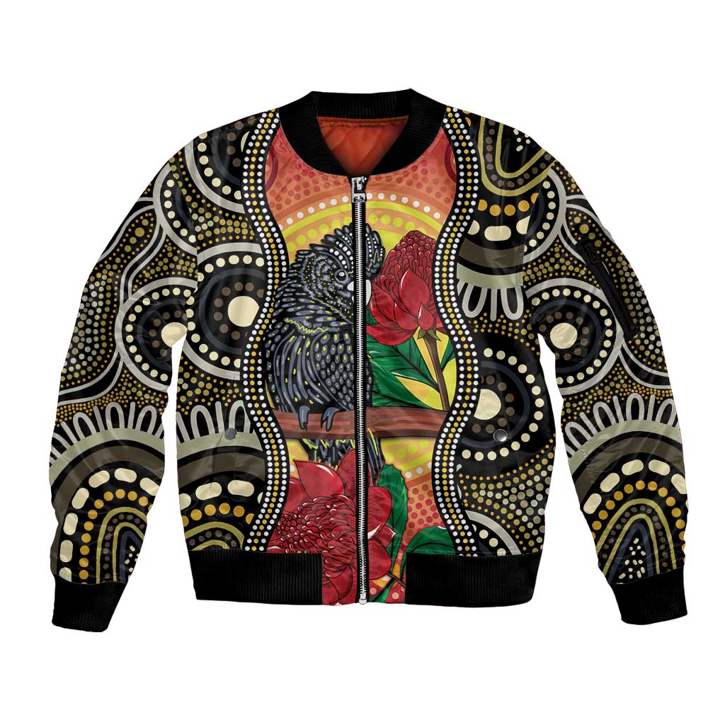 Waratah And Banksian Cockatoo Sleeve Zip Bomber Jacket Aboriginal Art