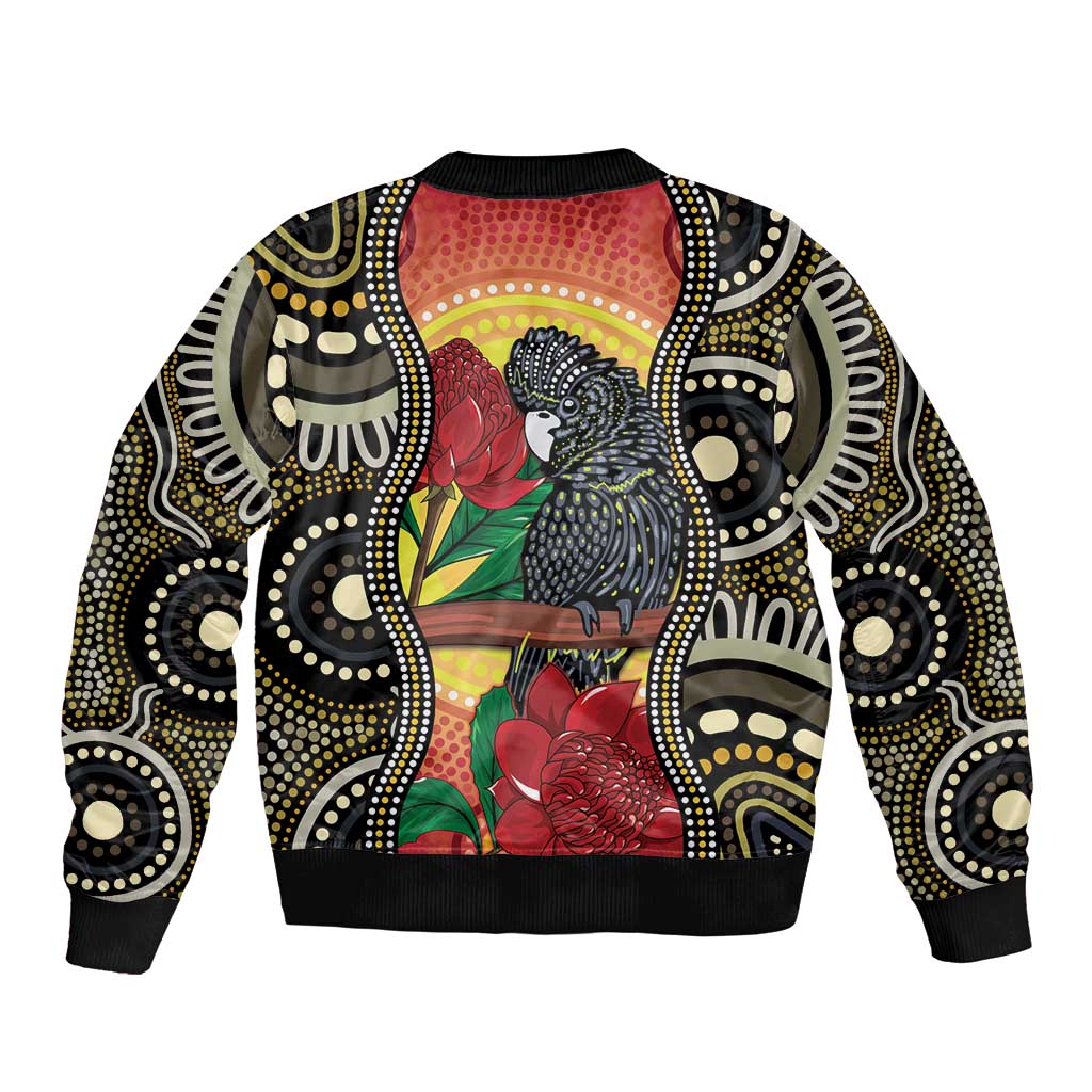 Waratah And Banksian Cockatoo Sleeve Zip Bomber Jacket Aboriginal Art