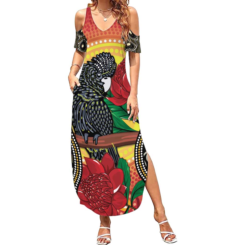 Waratah And Banksian Cockatoo Summer Maxi Dress Aboriginal Art