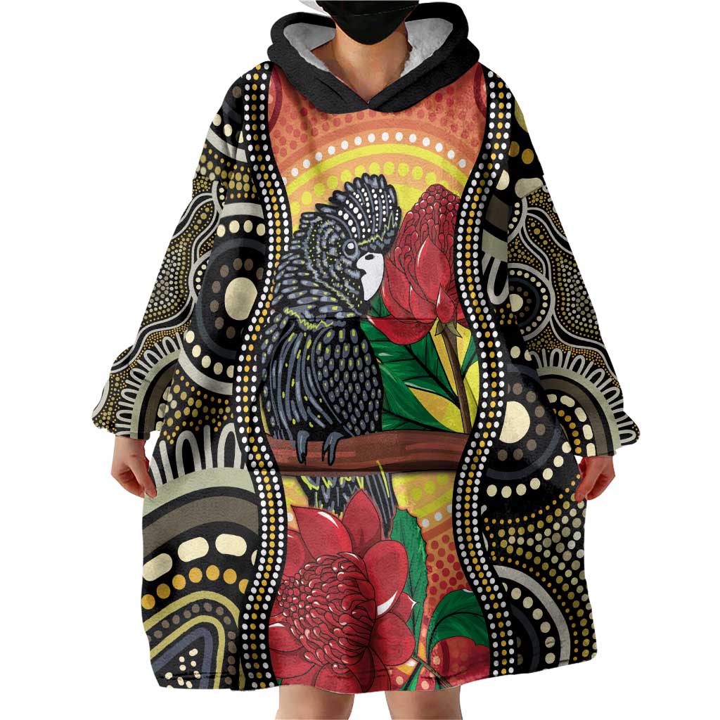 Waratah And Banksian Cockatoo Wearable Blanket Hoodie Aboriginal Art