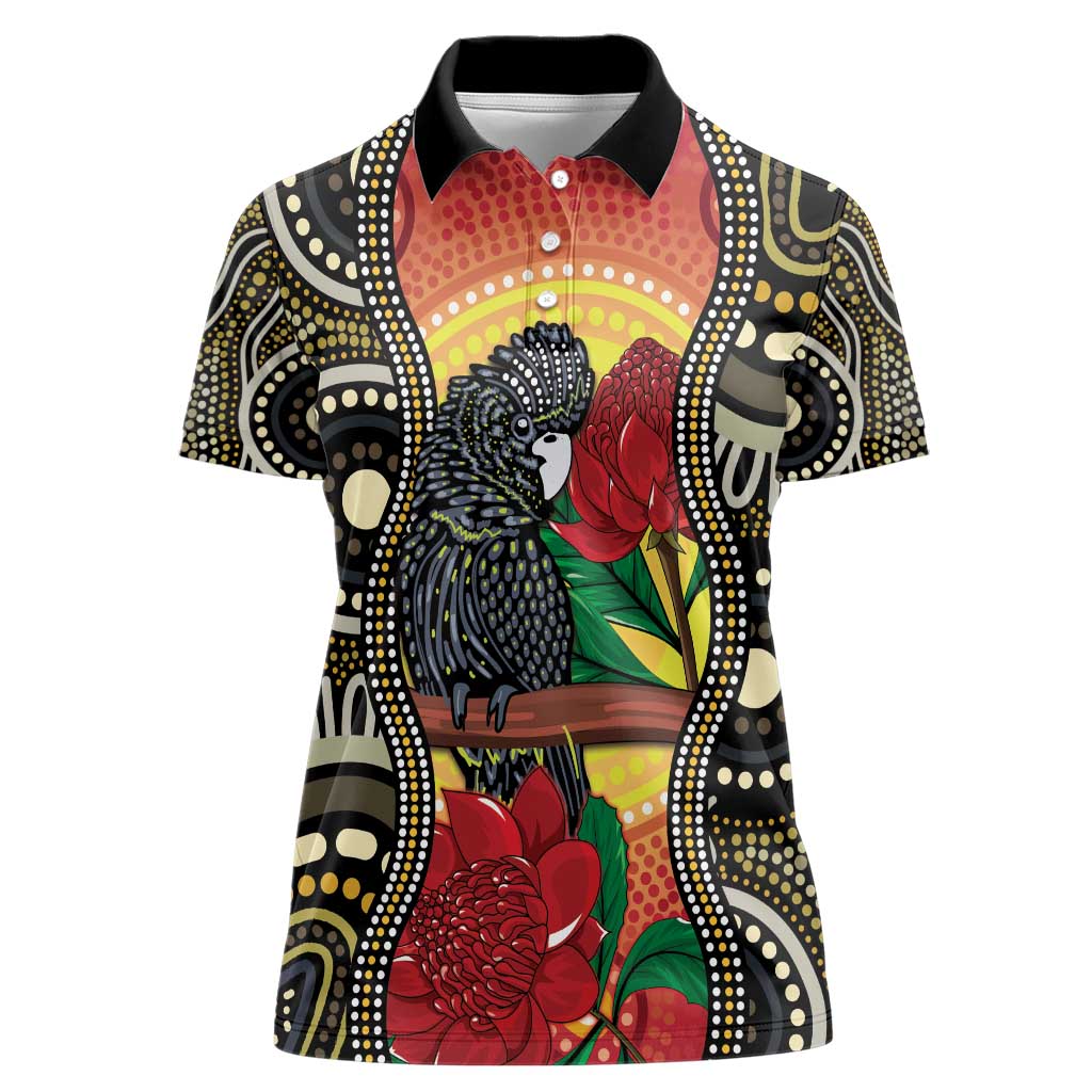 Waratah And Banksian Cockatoo Women Polo Shirt Aboriginal Art