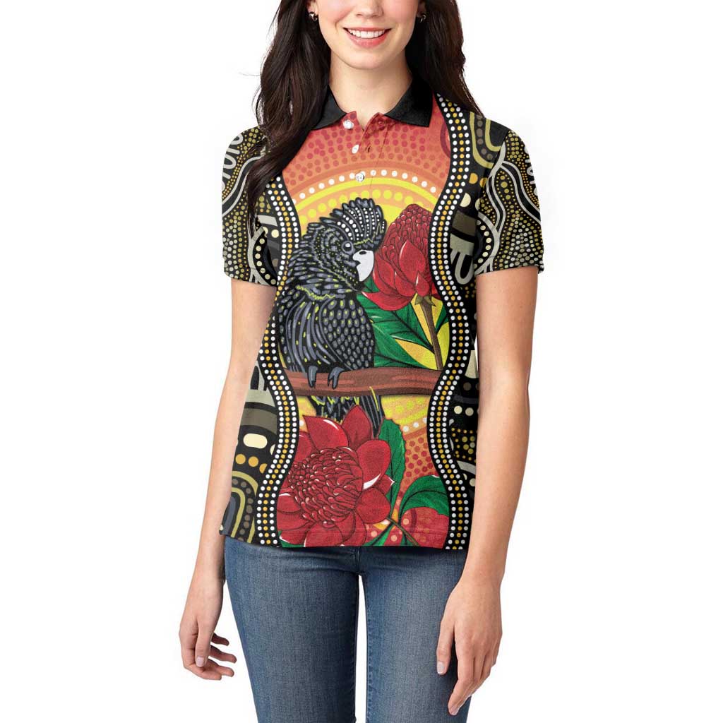 Waratah And Banksian Cockatoo Women Polo Shirt Aboriginal Art