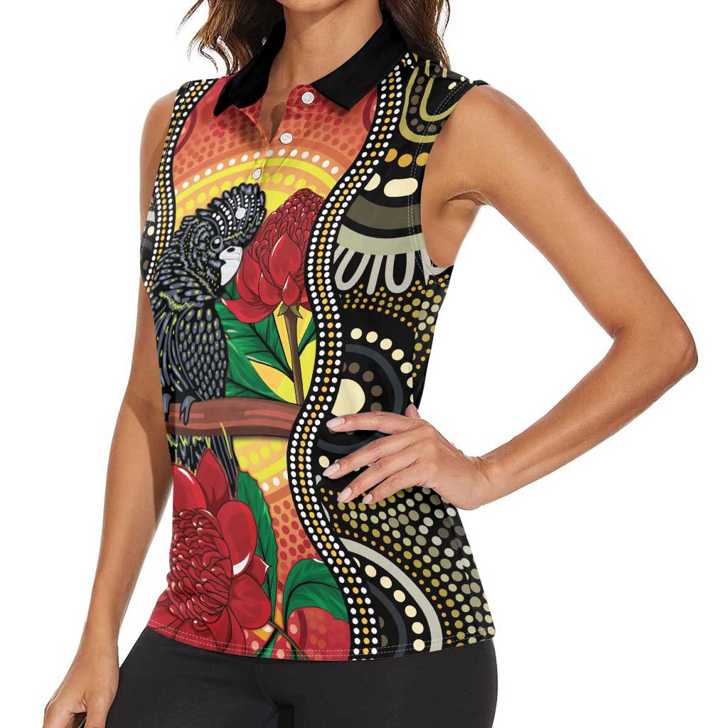 Waratah And Banksian Cockatoo Women Sleeveless Polo Shirt Aboriginal Art