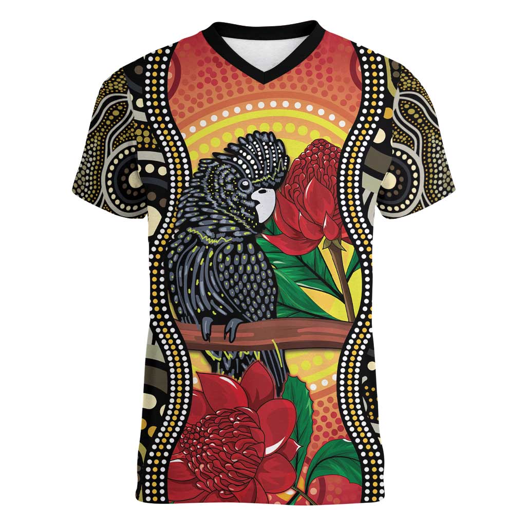 Waratah And Banksian Cockatoo Women V-Neck T-Shirt Aboriginal Art