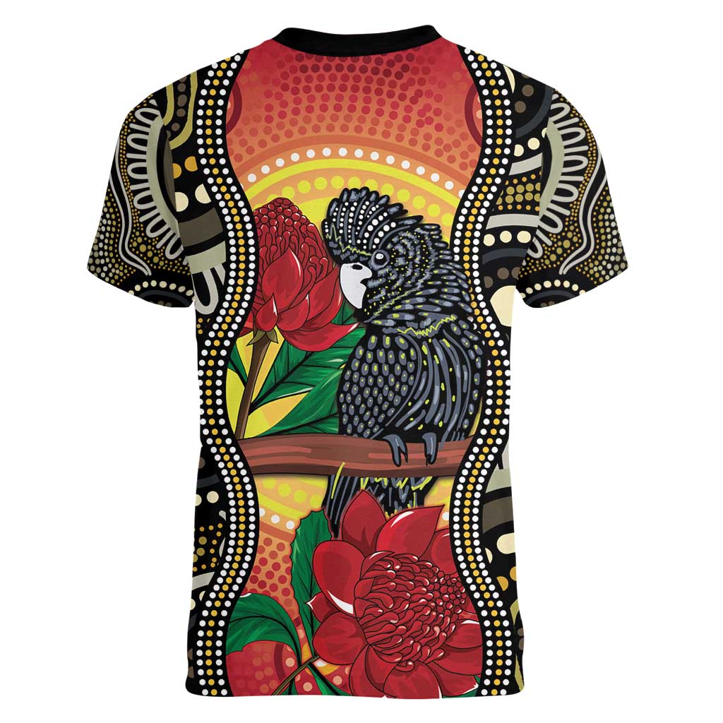 Waratah And Banksian Cockatoo Women V-Neck T-Shirt Aboriginal Art