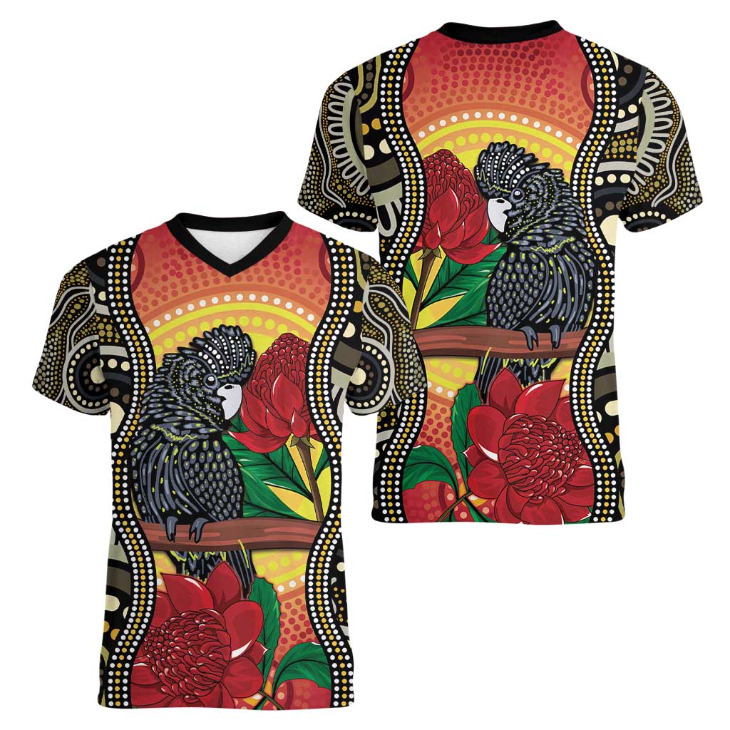 Waratah And Banksian Cockatoo Women V-Neck T-Shirt Aboriginal Art