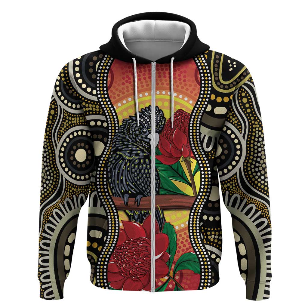 Waratah And Banksian Cockatoo Zip Hoodie Aboriginal Art