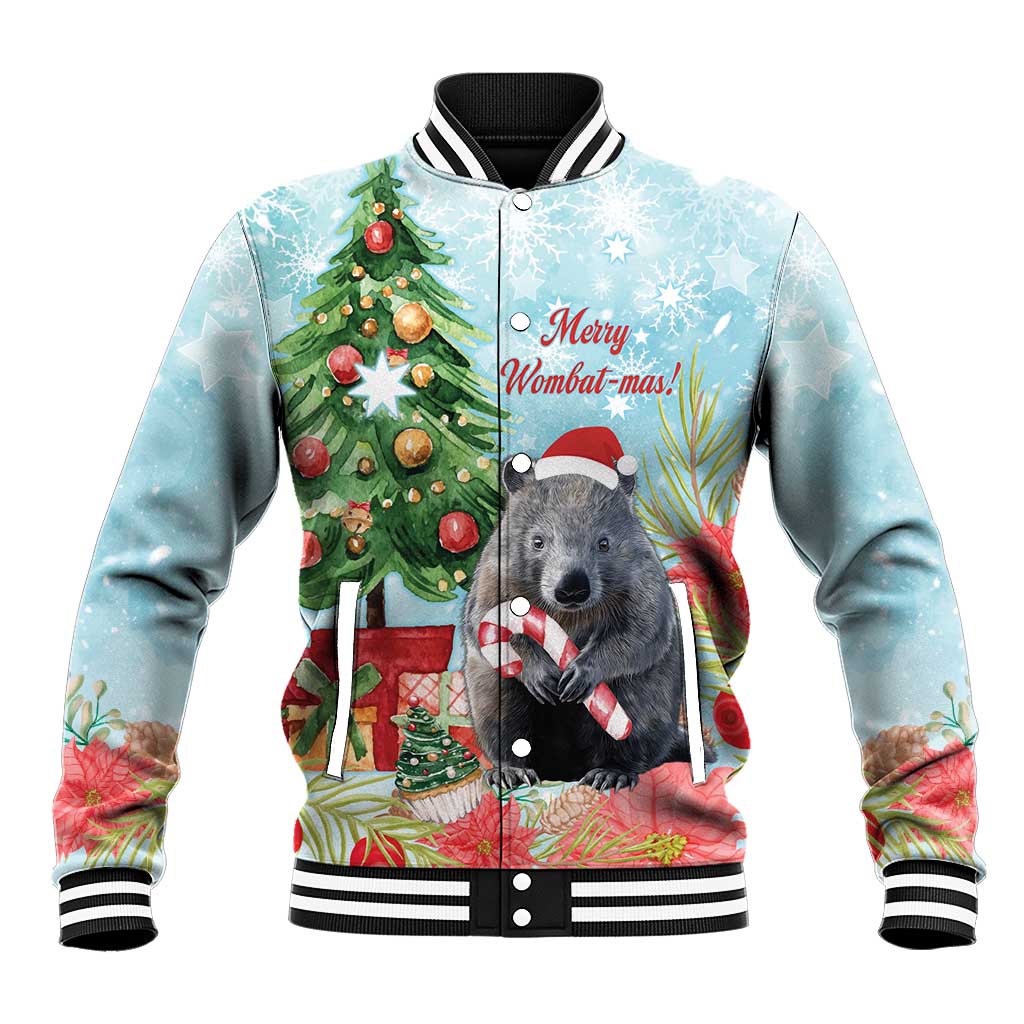 Australia Christmas Baseball Jacket Merry Wombat-mas Watercolor Style